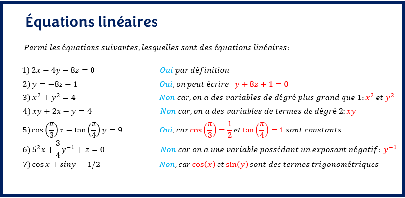 équations linéaires exemples