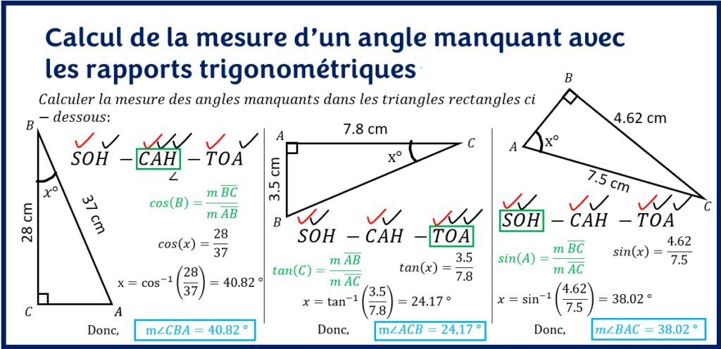 Calcul de la mesure d'un angle manquant avec les rapports trigonométriques