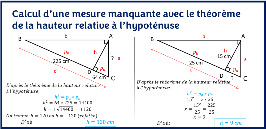 Calcul d'une mesure manquante avec le théorème de la hauteur relative à l'hypoténuse
