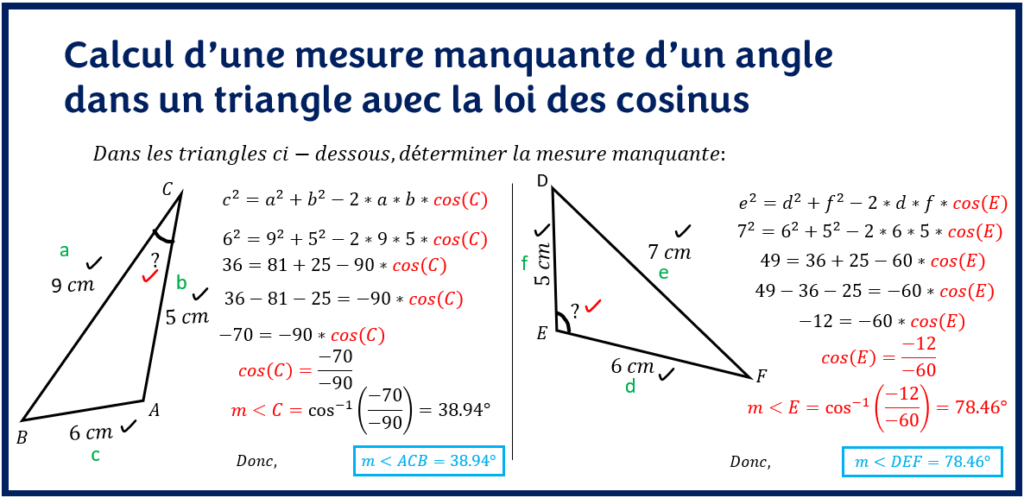 Calcul d'une mesure manquante d'un angle dans un triangle avec la loi des cosinus