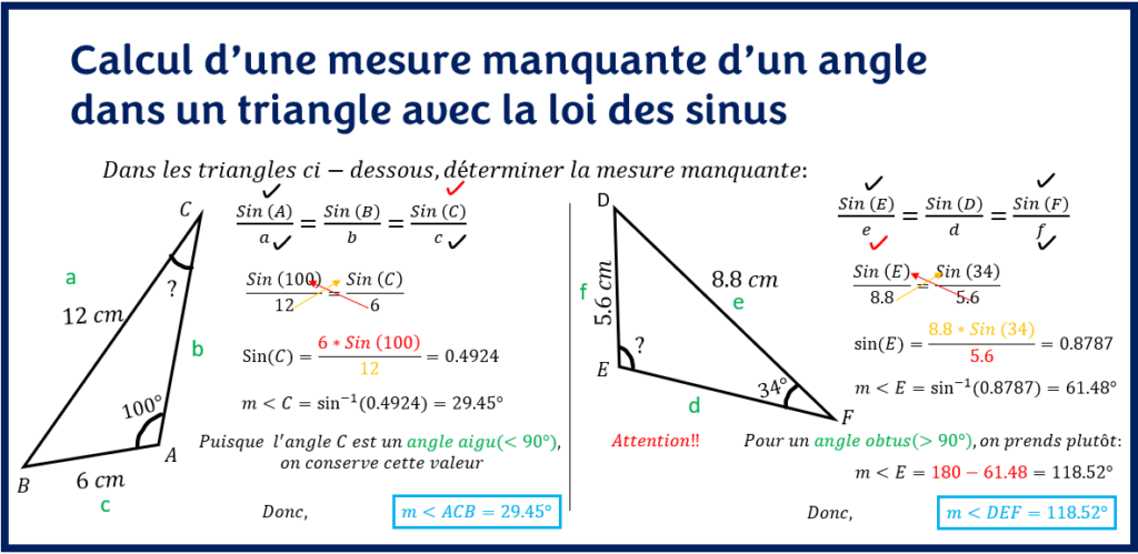 Calcul d'une mesure manquante d'un angle dans un triangle avec la loi des sinus