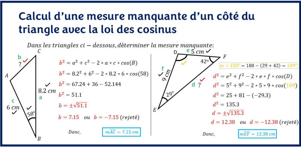 Calcul d'une mesure manquante d'un côté du triangle avec la loi des cosinus