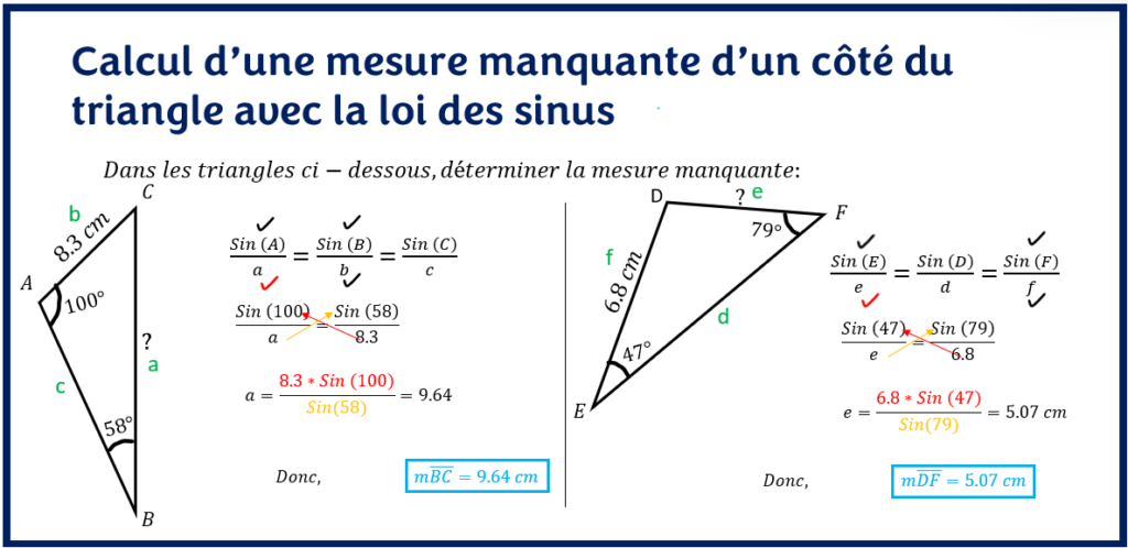 Calcul d'une mesure manquante d'un côté du triangle avec la loi des sinus