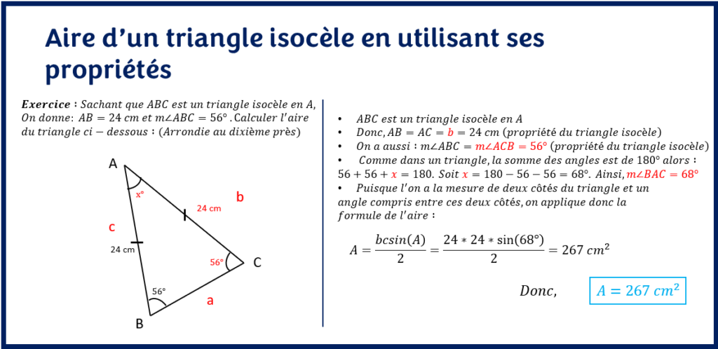 Aire du triangle isocèle en utilisant ses propriétés