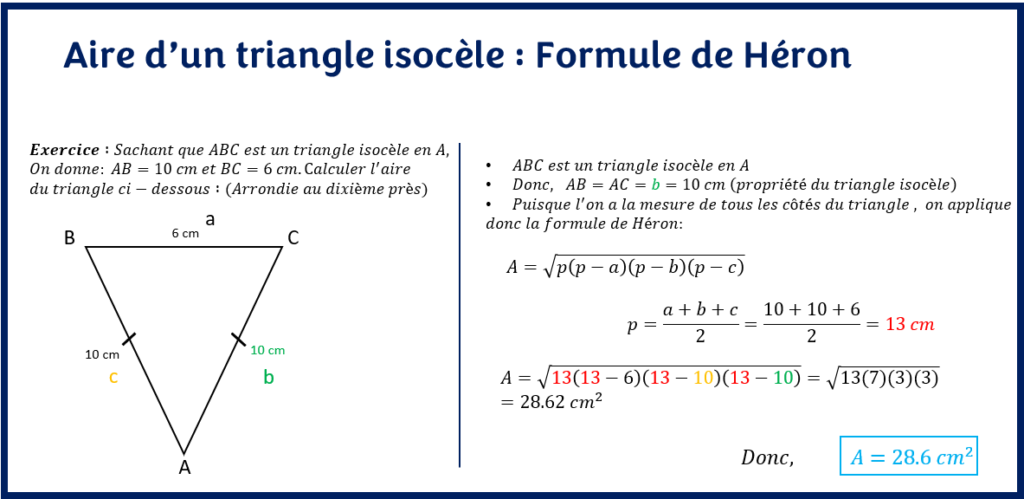 Exemple formule de Héron dans un triangle isocèle