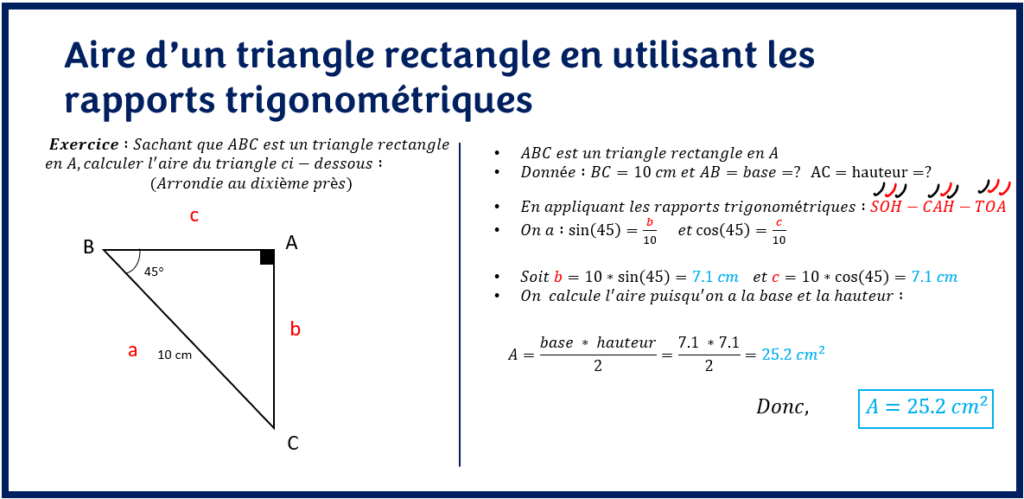 Aire d'un triangle rectangle en utilisant les rapports trigonométriques